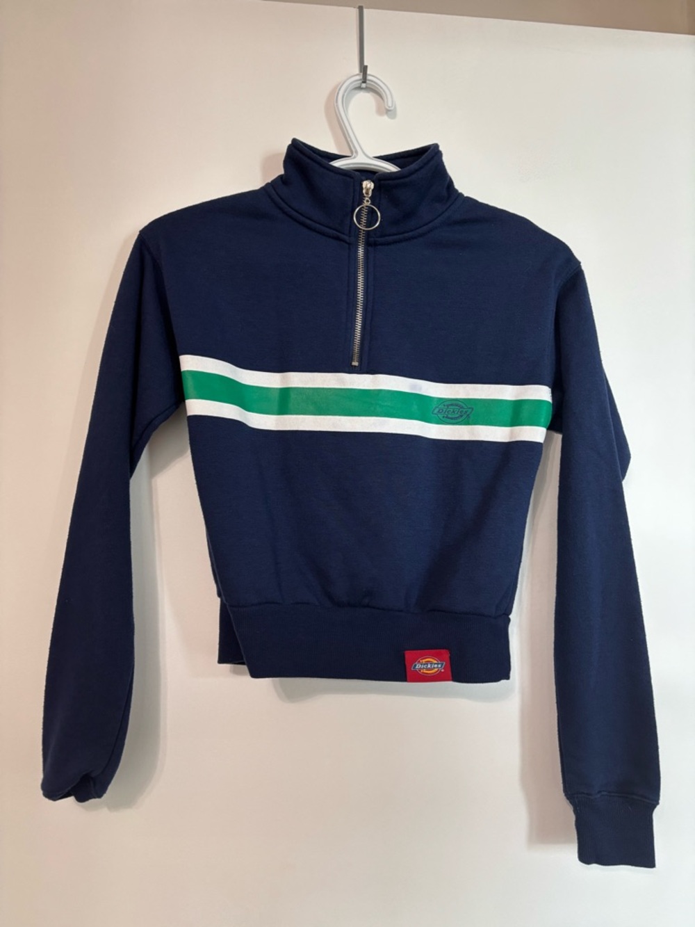 Dickies Navy Half-Zip Pullover with Green & White Chest Stripe